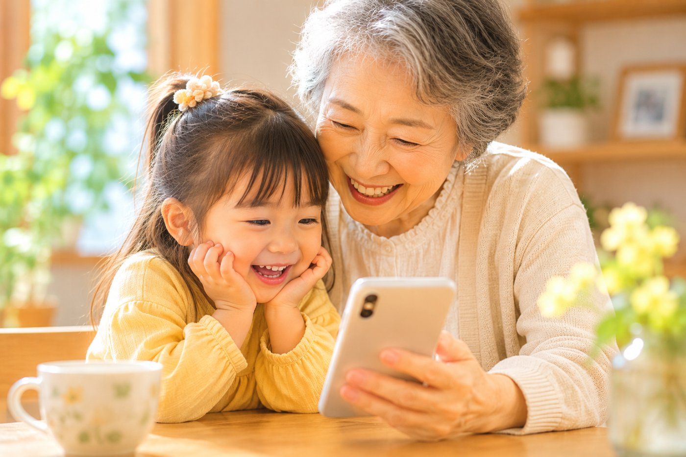 祖母と孫が一緒に動画を見る